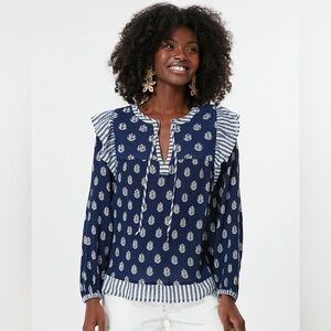 Vineyard Vines Deep Bay Fleur De Leaf Quilted Blouse Top Blue Ruffles Size XL